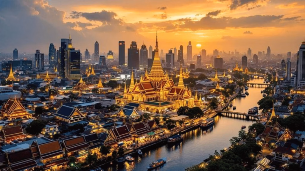 Bangkok skyline with the Grand Palace and Chao Phraya River at sunset