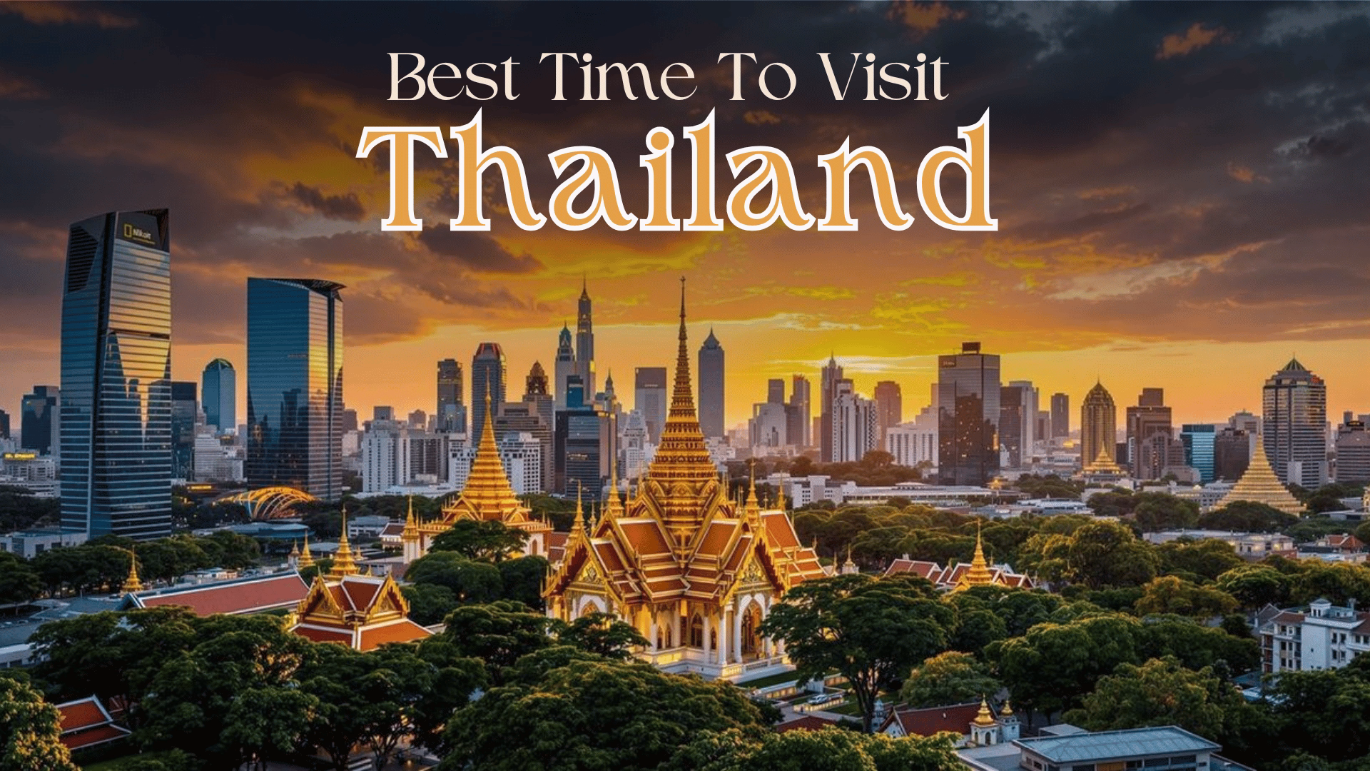 Bangkok skyline with Thai temples at sunset