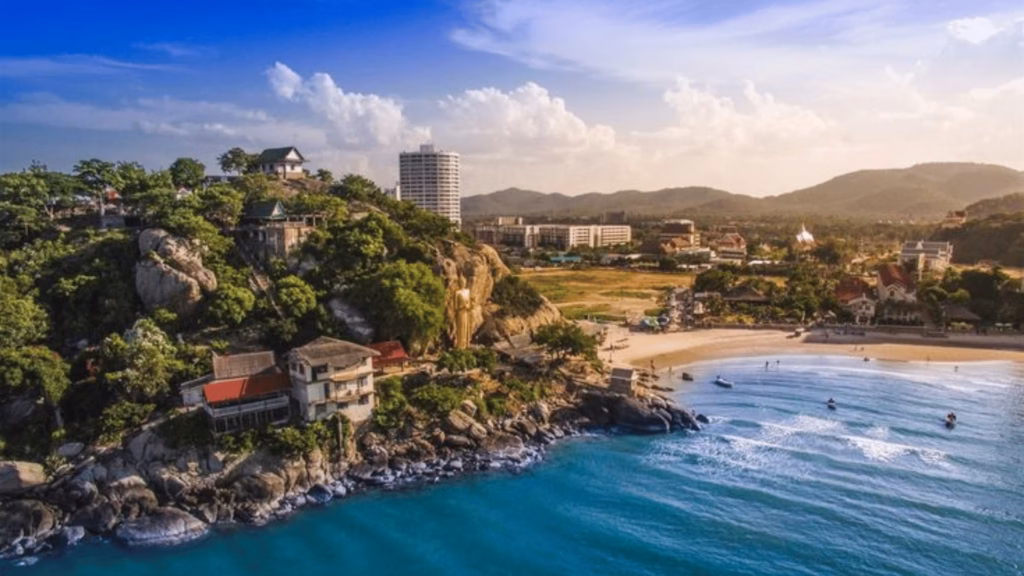 Aerial view of Hua Hin coastline with luxury resorts and beach