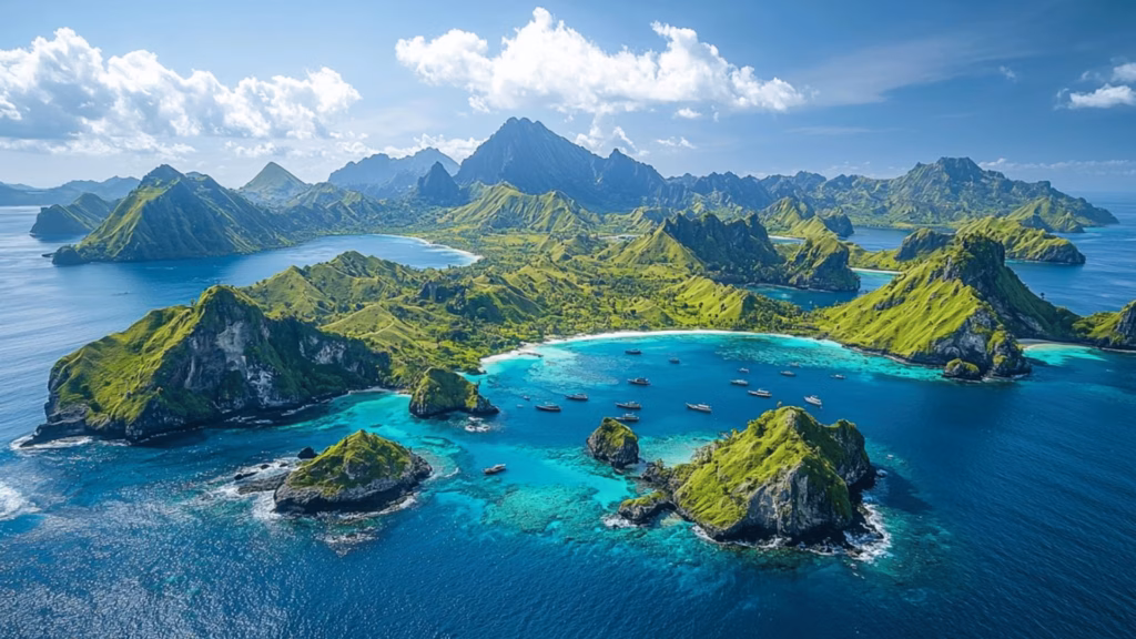 Aerial view of tropical islands and turquoise waters near Khao Lak