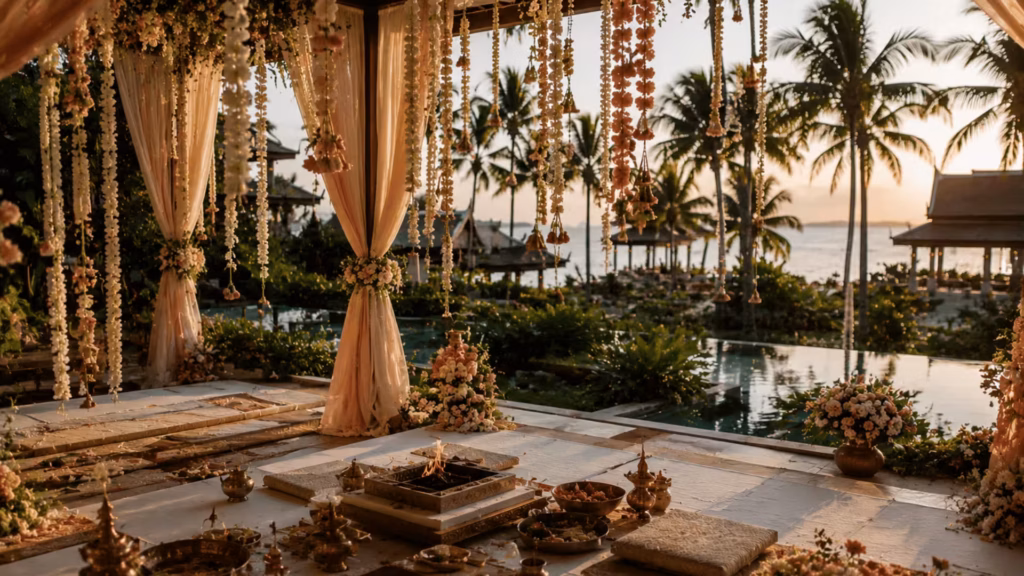 Indian wedding ceremony setup at a tropical Thailand resort