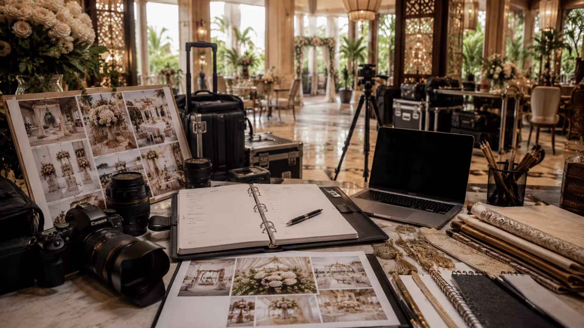 Professional camera gear, wedding planning materials, and travel essentials for a Thailand destination wedding.