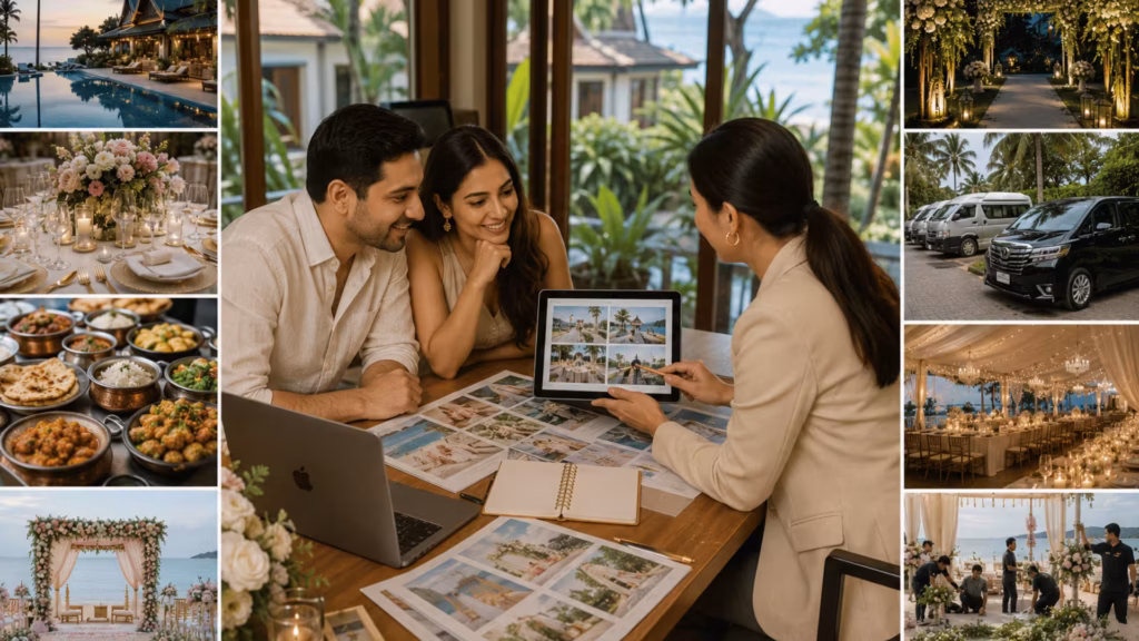 Couple discussing Thailand wedding plans with a professional