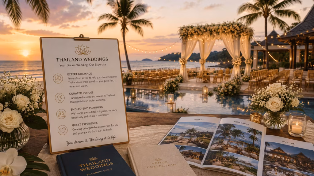 Thailand wedding planning guide with beach resort venue and destination brochures