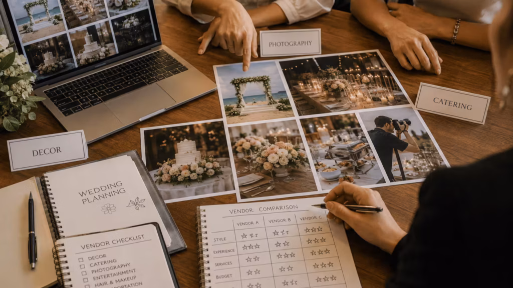 Wedding vendor comparison for photography, decor and catering