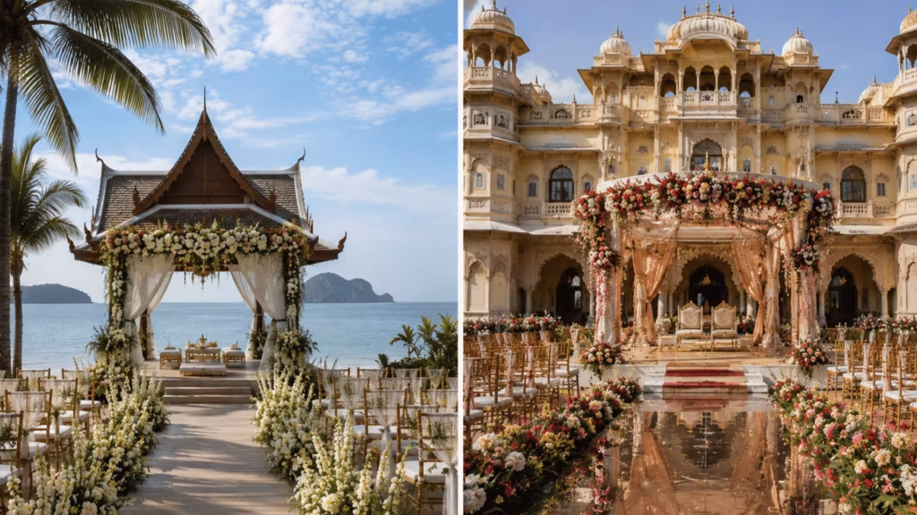Thailand beach wedding venue compared with an Indian palace wedding venue
