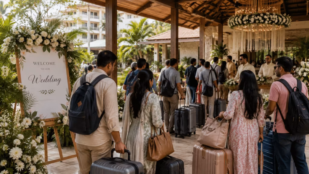 Wedding guests arriving at a tropical resort with luggage for a destination wedding
