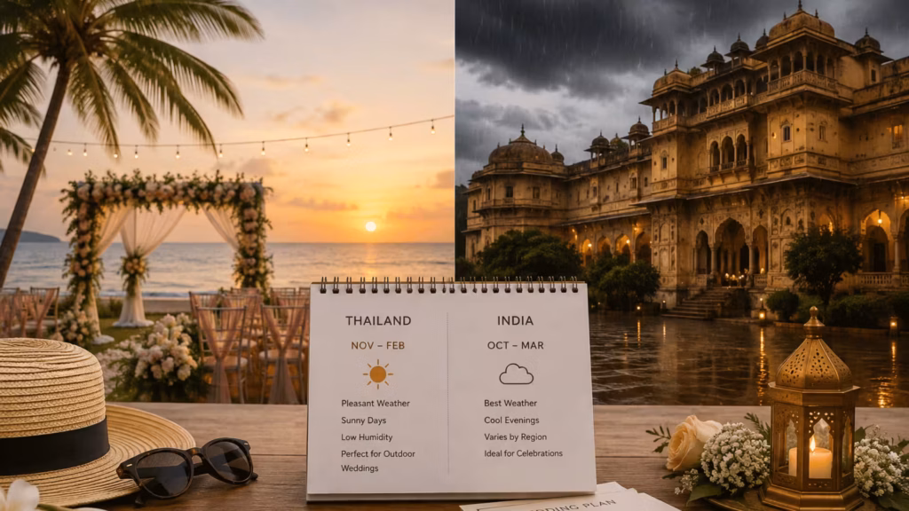 Thailand and India wedding weather comparison showing sunny and rainy conditions