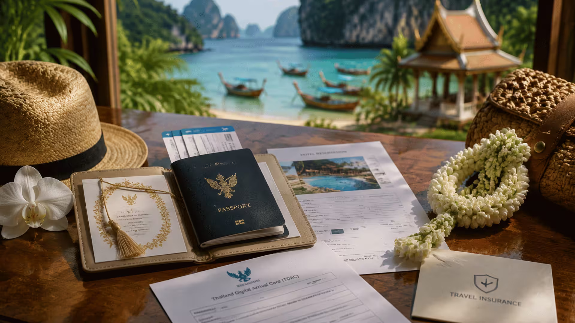 Passport, flight tickets, travel documents, and wedding invitation arranged for Thailand travel.