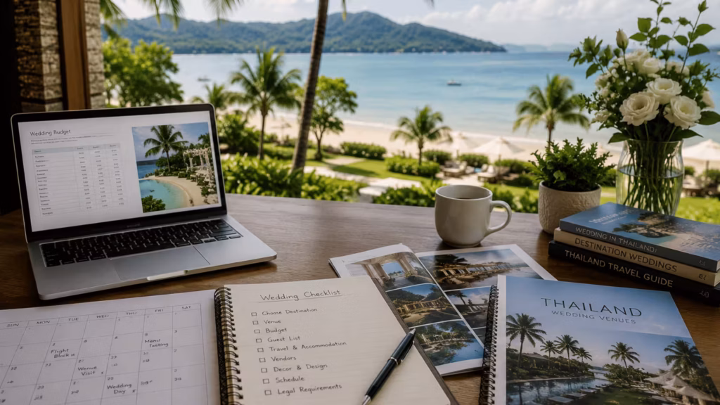 Couple planning a Thailand wedding by the beach