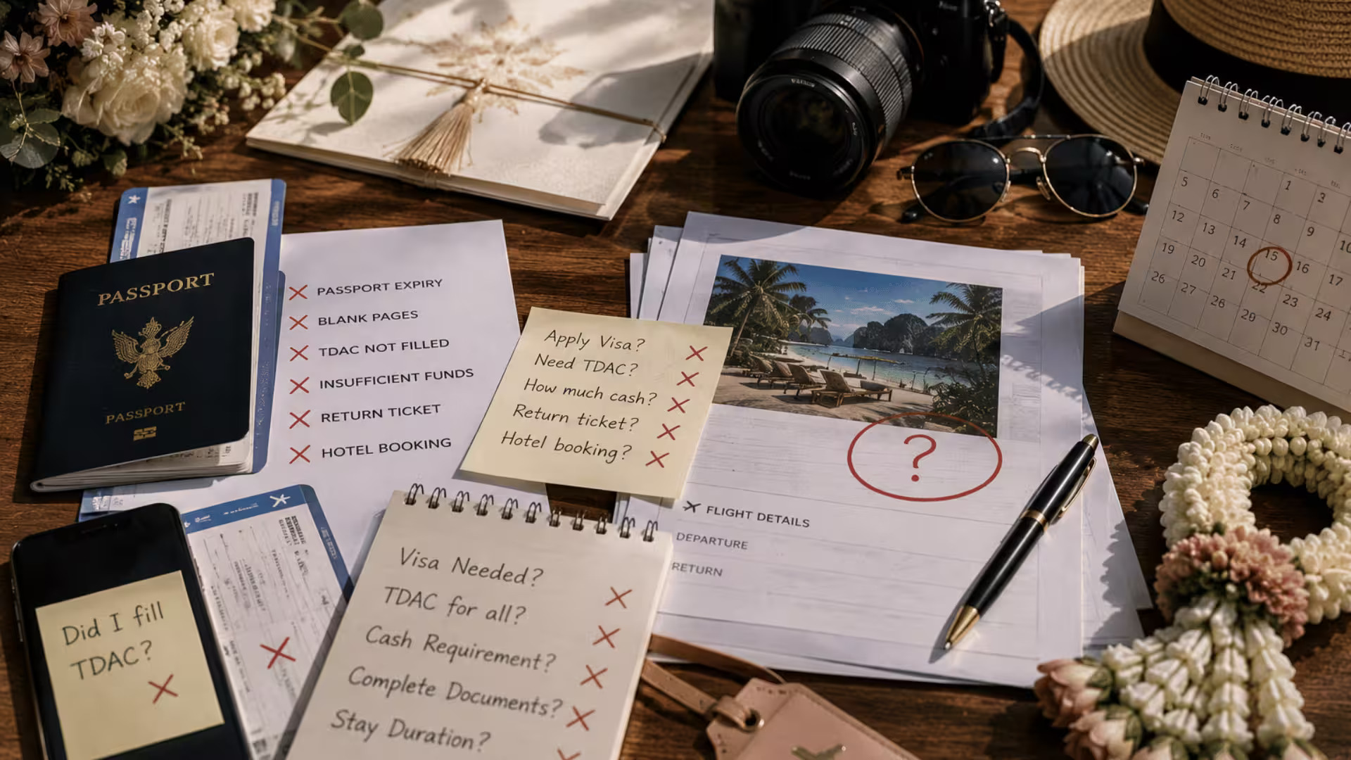 Wedding travel checklist with passport, calendar, and planning documents showing common preparation mistakes.