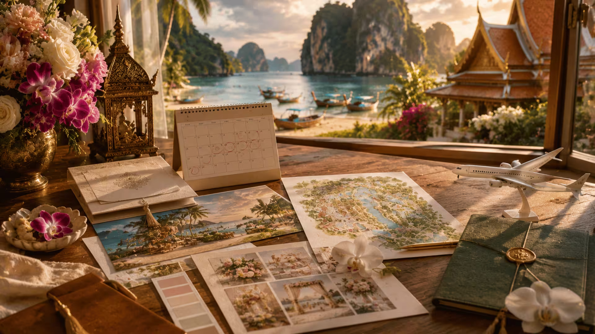Luxury wedding planning desk with venue mood boards, calendar, and travel planning materials.