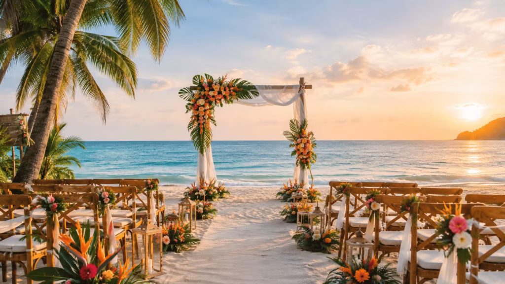 Beach wedding ceremony with tropical flowers in Thailand