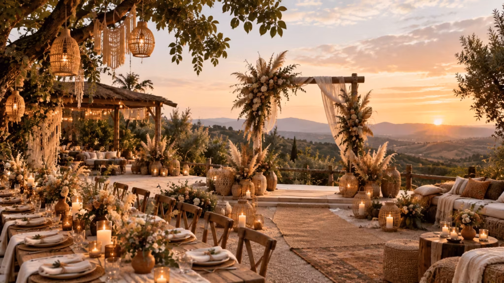 Boho rustic wedding setup overlooking the hills in Thailand