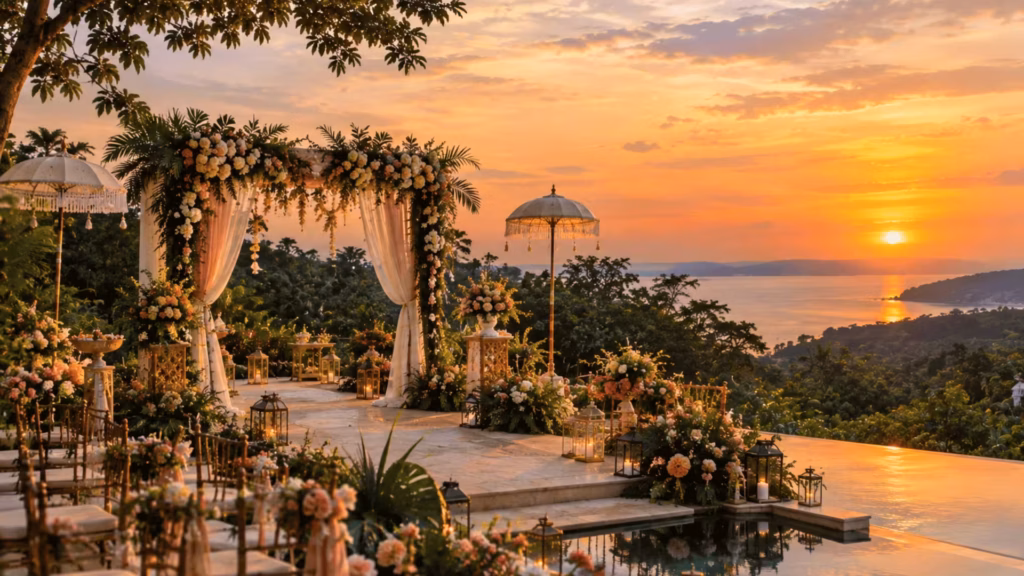 Sunset wedding ceremony overlooking the sea in Thailand