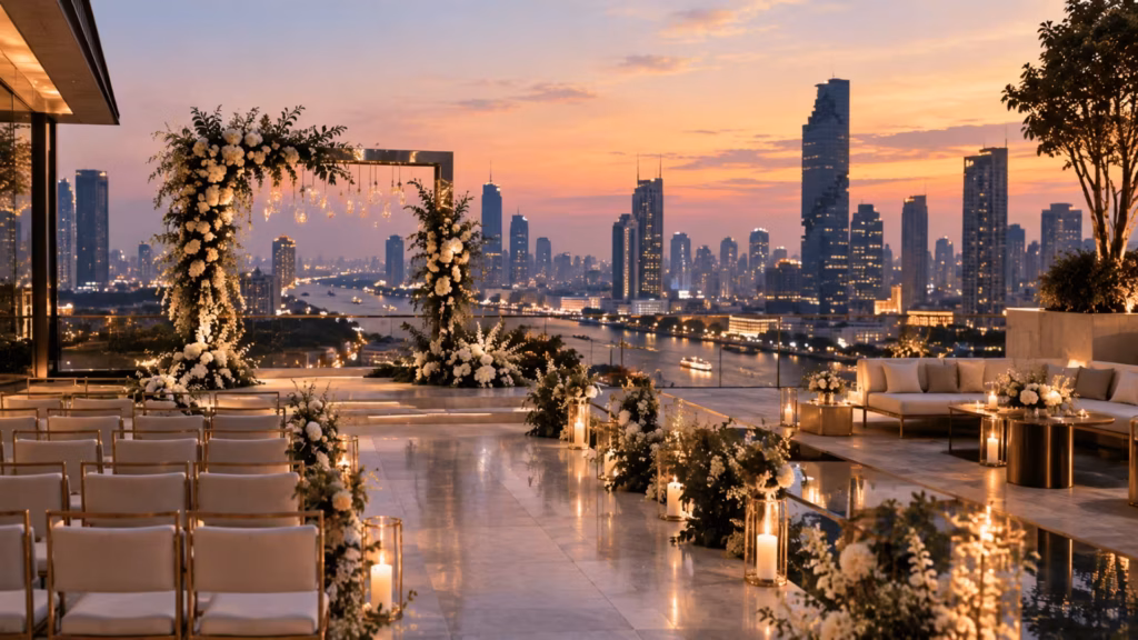Modern rooftop wedding with city skyline in Thailand